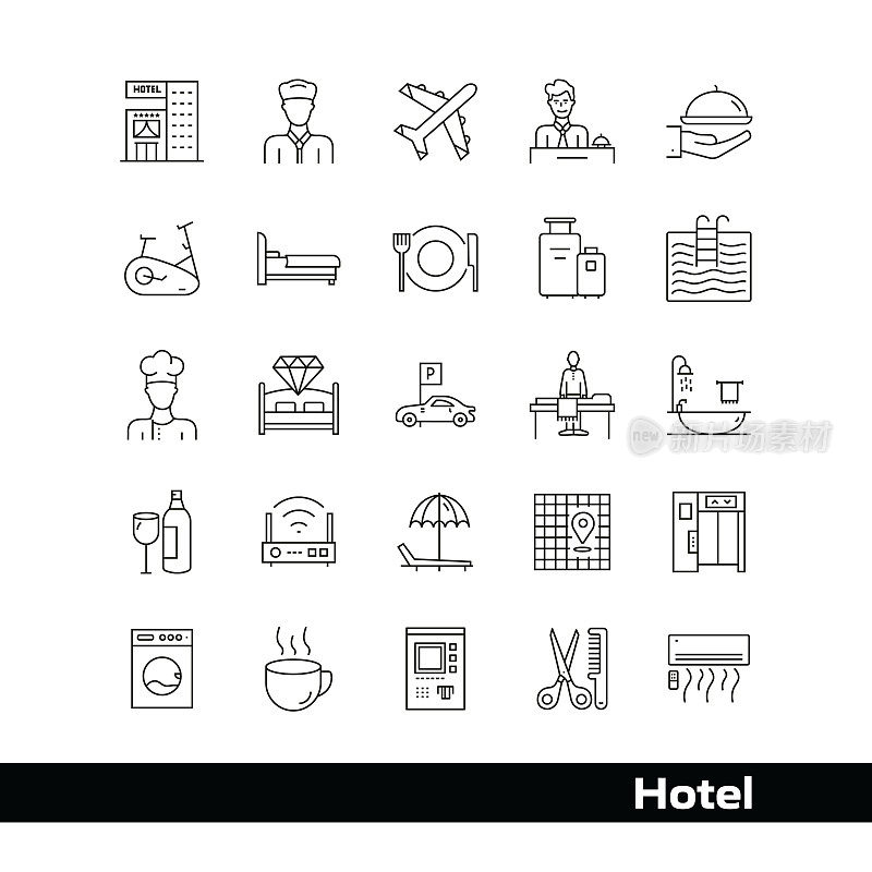 Hotel Service Vector Drawing Icons on 48px grid, 1px stroke width。信息图形、移动和网络等。